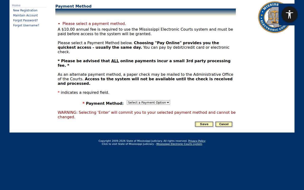 Webster County case lookup PAMEC payment choice screen