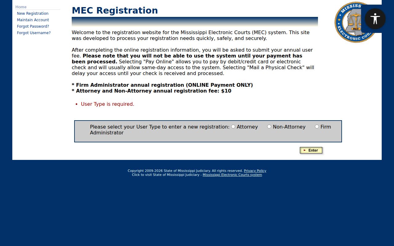 Webster County case lookup PAMEC registration screen