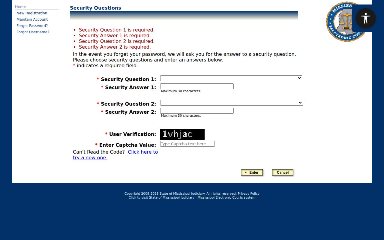 Webster County case lookup PAMEC security question fields