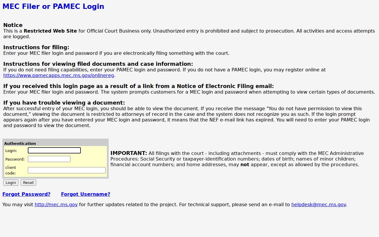 Webster County criminal docket source showing Fifth Circuit MEC login