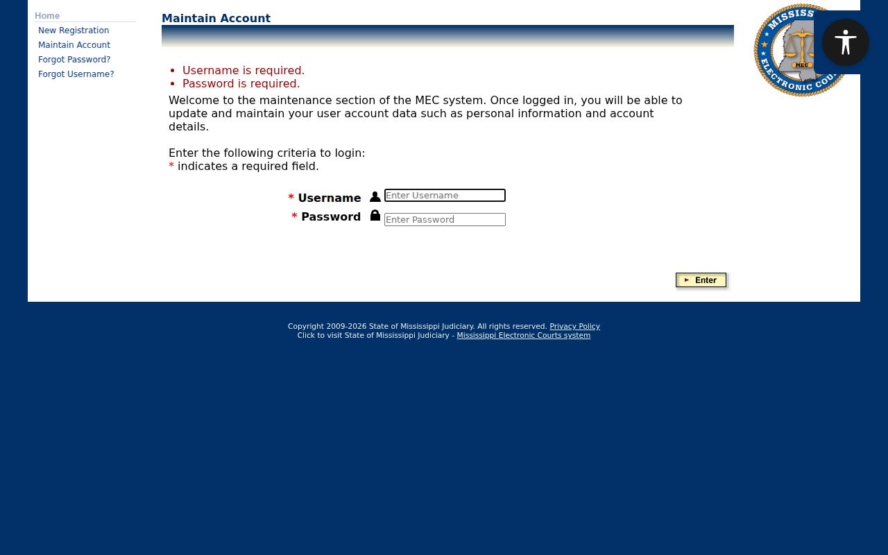 Webster County criminal docket source showing the PAMEC public login